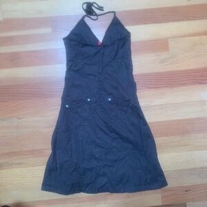 Divided embroidered, a-line, low-cut, 3-pocket, tie back, halter dress